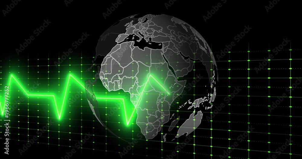 Fototapeta premium Pulsing neon ECG waveform crossing 3D globe in monitoring interface, with glowing grid