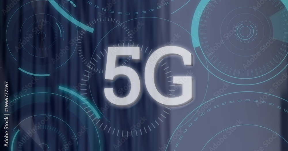 Fototapeta premium Displaying large white 5G text glowing in abstract digital interface, with concentric HUD rings