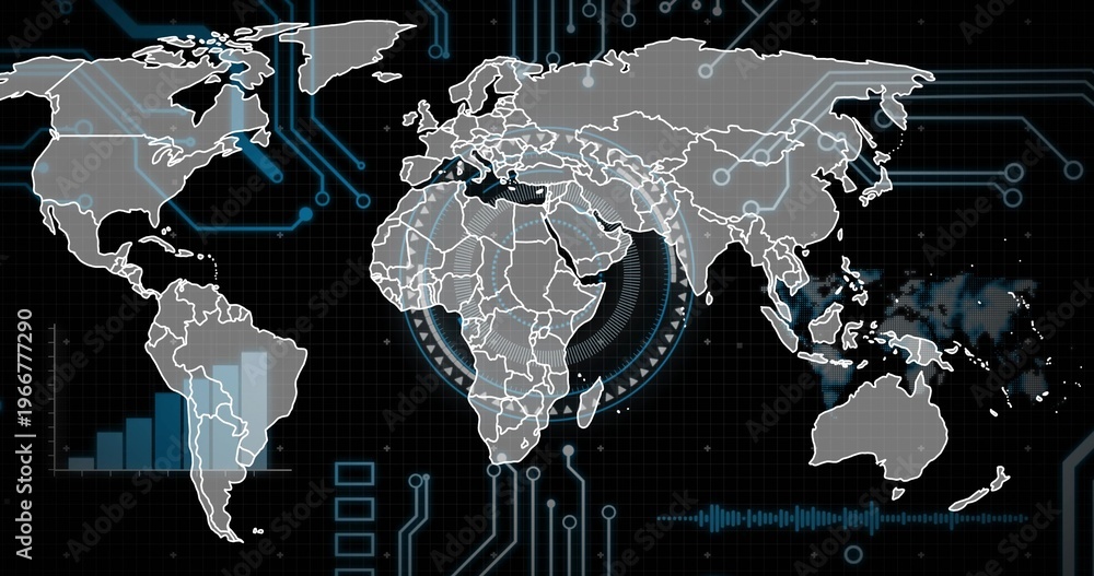 Naklejka premium Upon new data arriving stylized world map pulsing and HUD rings rotating visualizing network data