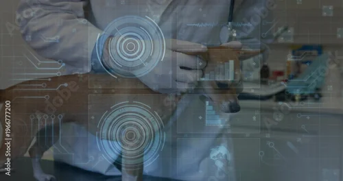 Fototapeta Holding vet in white coat supporting tan-and-white dog on exam table in clinic with HUD overlays