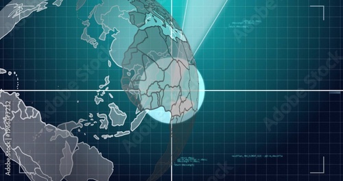 Rotating translucent globe projection showing Africa coastlines on nav dashboard with crosshair