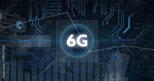 Signal pulse starting 6G symbol pulsing HUD rings rotating charts rising to show network flow