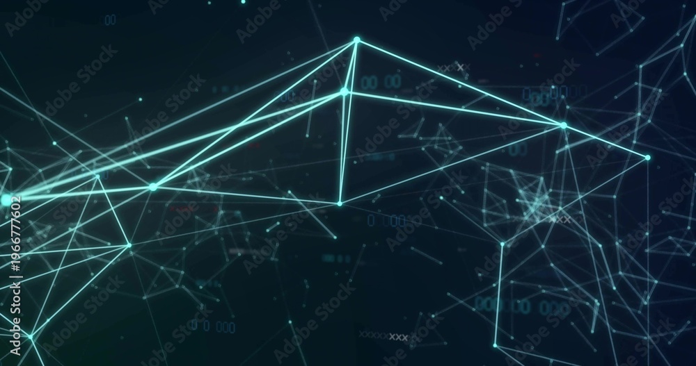 Naklejka premium Pulsing teal network forming triangular mesh in virtual network, with connecting lines and nodes