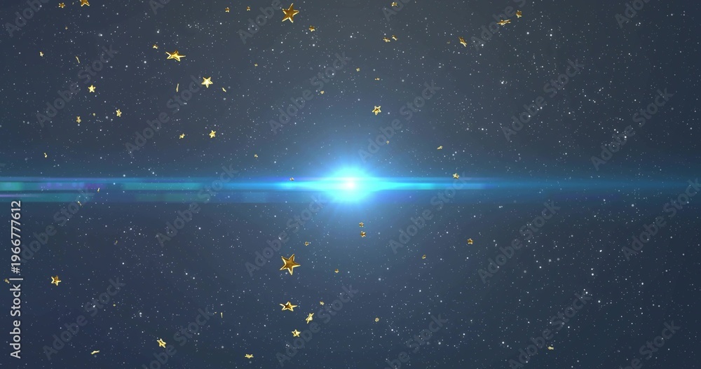 Fototapeta premium Radiating bright blue core star casting horizontal lens flare across deep space, with golden stars