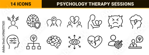 Mental Health and Psychology Therapy Line Icons featuring Minimalist Monoline Brain, Heart, and Behavioral Health Geometric Symbols