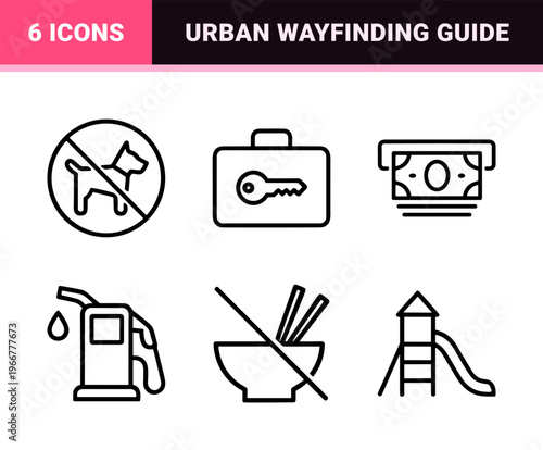 Public Navigation Wayfinding Symbols in Minimalist Monoline Aesthetic for Urban Infrastructure and Facility Management Information Systems