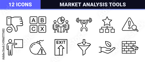 SWOT Analysis and Business Strategy Monoline Icons, minimalist Geometric Line Art for Corporate Planning and Market Evaluation