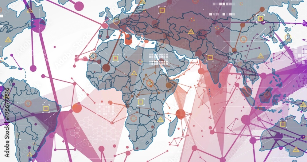 Naklejka premium Displaying stylized world map highlighting network nodes and polygon overlays on digital dashboard