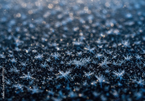 Abstract background of intricate crystalline frost patterns covering a cold dark surface, symbolizing the deep winter month ,texture ,monochrome ,rough