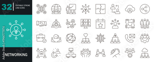 Networking icon set. Containing network, connection, relationship, online networking, community, event, social network, and more. Editable line icons. Vector illustration.