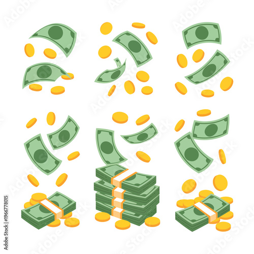 Falling money and coins a colorful illustration of wealth and finance