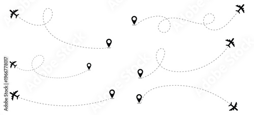 Airplane Flight Path Collection with Dashed Curved Routes and Location Pins, Travel Route Set. Airplane Route Path Set with Dotted Lines. Travel Journey . Vector illustration