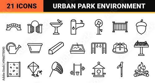 Minimalist Monoline Public Park and Urban Landscape Icon Set Featuring Geometric Line Art for Architecture and Municipal Wayfinding Design
