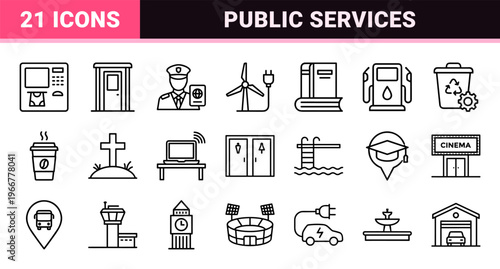 Public Service and Urban Infrastructure Minimalist Monoline Outline Set, Geometric Civic Utility Symbols for City Navigation and Mapping