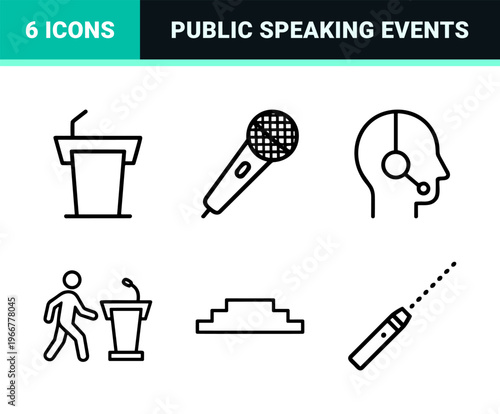 Public Speaking and Corporate Communication Minimalist Monoline Icon Set featuring Geometric Line Art for Events and Oratory Training