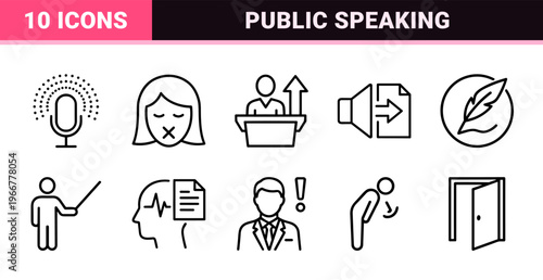 Minimalist monoline public speaking and rhetoric line art icons for professional presentations, communication skills, and conference branding.
