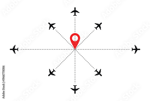 Global Air Travel Network dashed line with Central Location Pin, Airplane Routes Connection. Airplane Route Path Set with Dotted Lines. Vector illustration