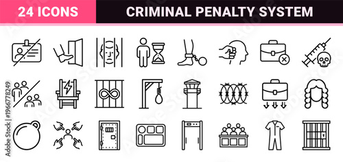 Justice and Legal Punishment System Minimalist Monoline Icons Featuring Law Enforcement Penalties and Correctional Facility Symbols