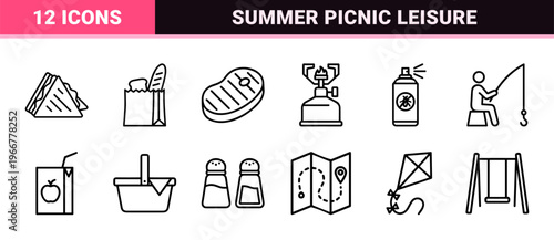 Outdoor Recreation and Picnic Activities Icon Set. minimalist monoline geometric line art for summer leisure and camping equipment.