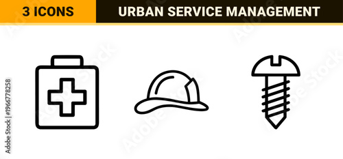 Public Service and Municipal Infrastructure Minimalist Monoline Icon Set, Geometric Line Art for Community Welfare and Urban Governance
