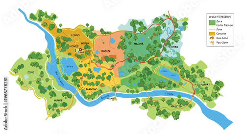 Colorful illustrated city map vector, urban planning infographic with river, parks and districts, schematic town layout for navigation posters and apps