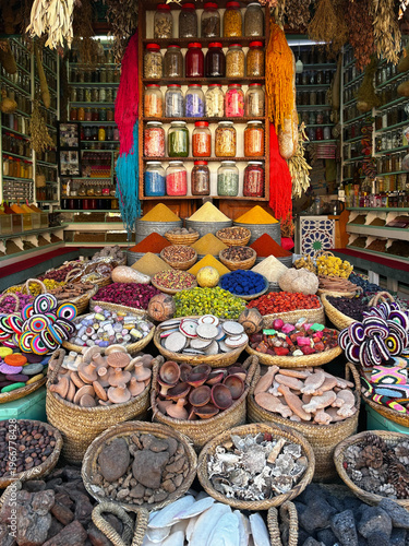 Colorful spice display in Marrakesh spice souk