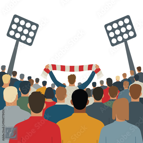 A crowd of fans at a stadium with raised arms and floodlights