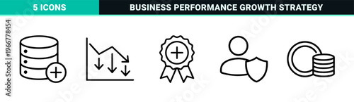 Corporate Quality Control and Business Performance Management Outline Icons featuring Minimalist Geometric Line Art for Strategy.