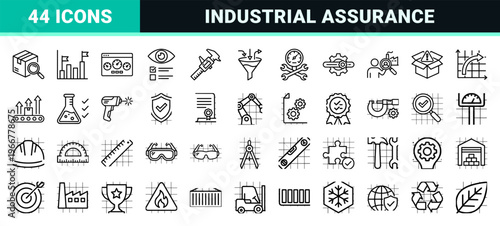 Industrial Quality Control and Assurance Outline Icons Featuring Manufacturing Standards, Lab Testing, and Technical Inspection Line Art Geometry