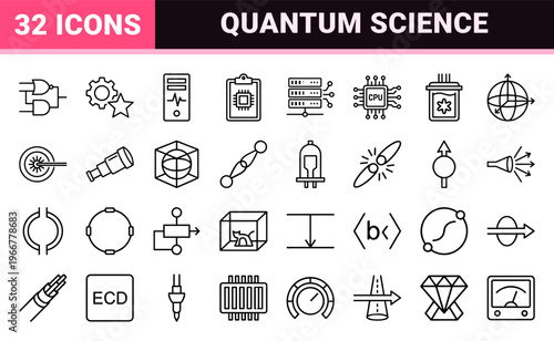 Quantum Computing and Advanced Physics Minimalist Monoline Icon Set featuring Geometric Line Art for Science and High-Tech Research.