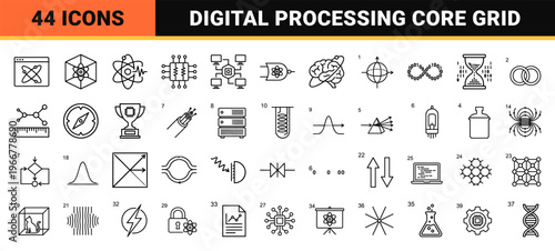 Quantum Computing and Advanced Physics Minimalist Monoline Icon Set featuring Atomic Research and Digital Technology Line Art Symbols