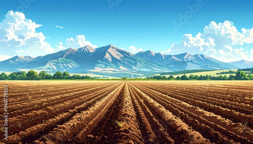 Plowed field under a clear sky, distant mountains. Agricultural background image