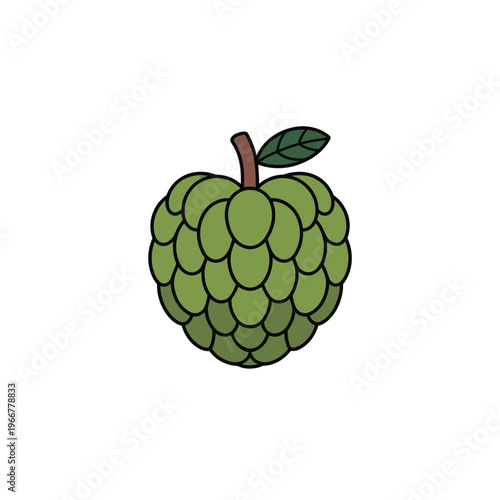 A colorful cartoon illustration of a green cherimoya fruit with stem