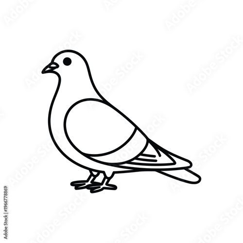 Simple black and white line drawing of a peaceful plump pigeon