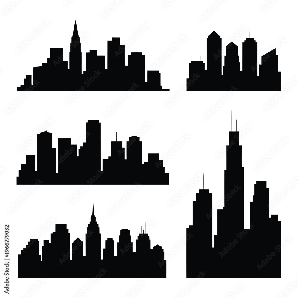 Fototapeta premium Black silhouettes of various city skylines against a white background