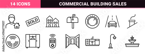 Real Estate Property Management Thin Line Art; Minimalist Monoline Geometric Outlines for Residential Housing and Commercial Sales.