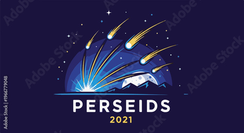 A night sky bursts with shooting stars and a large moon over mountains