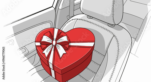 A red heart-shaped gift box sits on a car's back seat