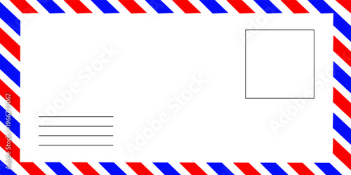 Airmail Envelope frame images with strips. International vintage letter border. Retro air mail postcard with blue and red stripes. Empty classic postal frame. Vector illustration.