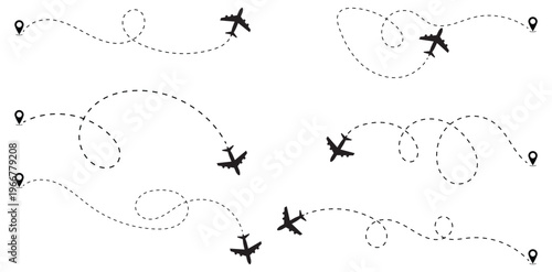 Airplane Flight Path Collection with Dashed Curved Routes and Location Pins, Travel Route Set. Airplane Route Path Set with Dotted Lines. Travel Journey . Vector illustration