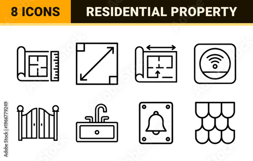 Real Estate Property Management and Residential Architecture Minimalist Geometric Line Art Outline Symbols for Commercial Agency Branding