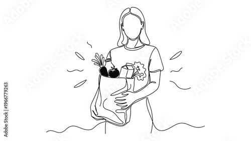 A line drawing of a person holding a grocery bag filled with fresh produce and other items, radiating light.