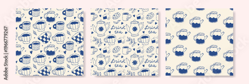 Vintage tea themed patterns with blue teapots and flowers on cream backgrounds