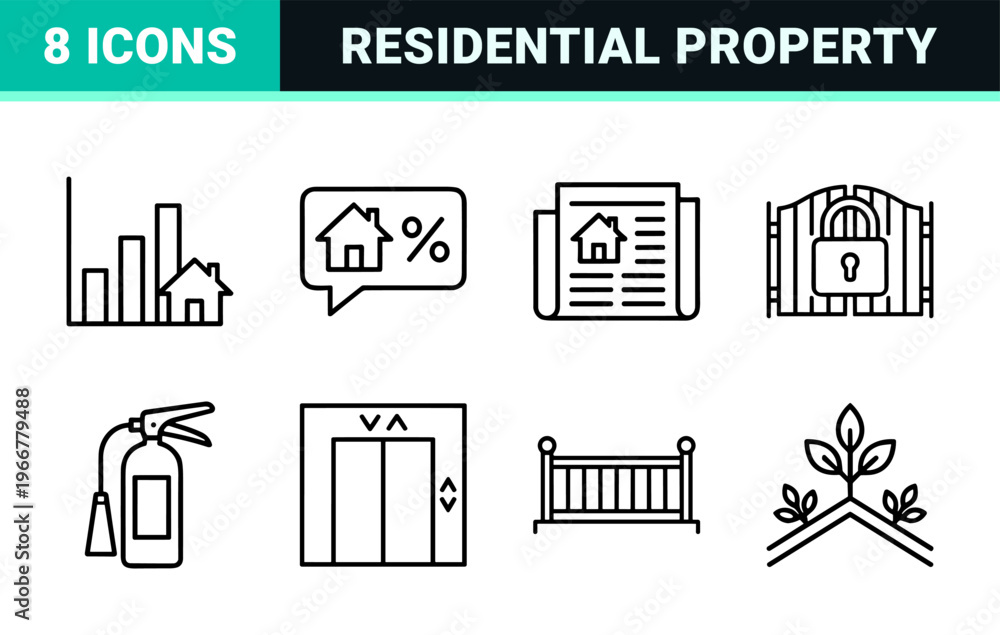 Obraz premium Real Estate and Property Management Minimalist Monoline Icon Set for Commercial Marketing and Professional Urban Development Interface.