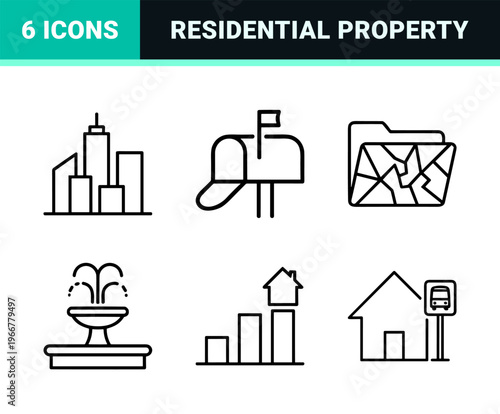 Real Estate Property Management and Realty Finance Minimalist Geometric Line Art Monoline Vector Icon Set for Commercial Architecture Business.