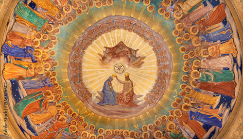 MONZA, ITALY - MARCH 19, 2026: The detail from fresco of Coronation of Virgin Mary in the church Chiesa della Santissima Trinita degli Artigianelli  by Giovanni Briani from end of 19. cent.