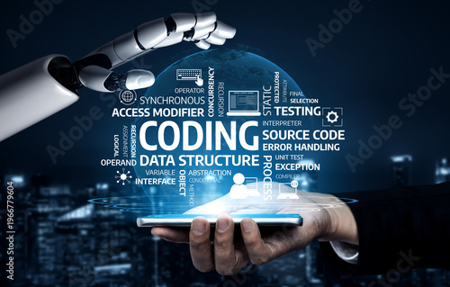 Bilde på lerret A striking image showcasing a robotic hand reaching for a human hand with a smartphone, symbolizing the intersection of technology and human creativity in coding