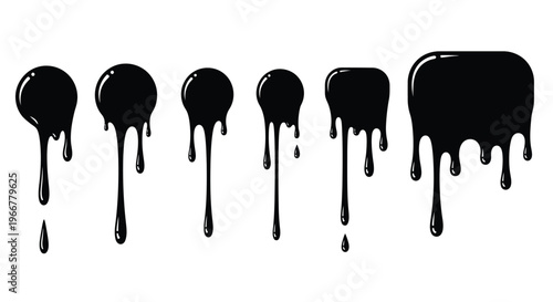 Different cartoon black oil or paint drips isolated on white background