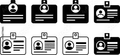 Identification card icons vector illustration with photo placeholders and text lines, black and white artwork symbolizing ID, profile, and security themes