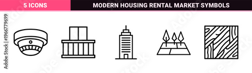 Minimalist monoline real estate and property management icon set featuring geometric line art for housing, mortgages, and rentals.
